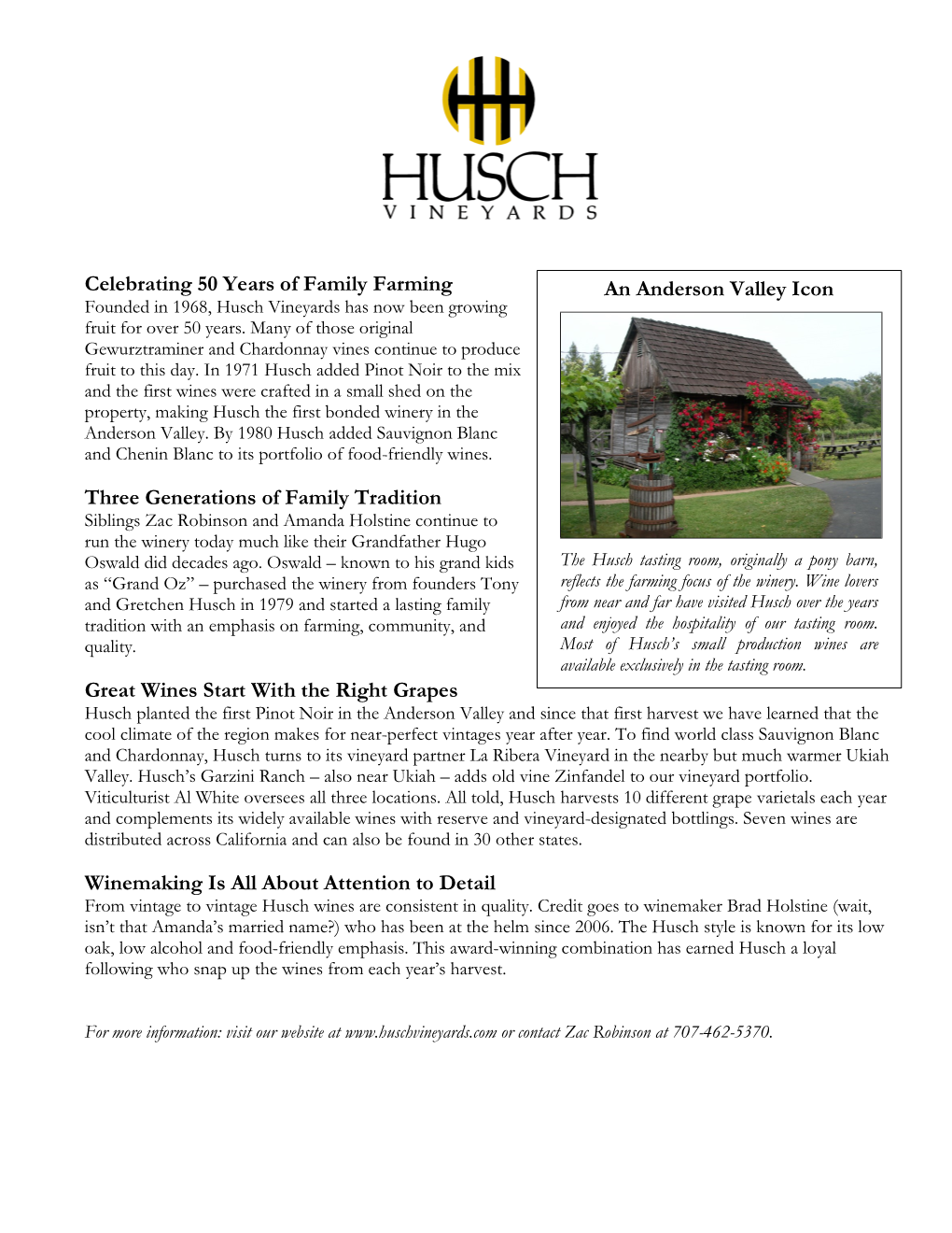 Celebrating 50 Years of Family Farming an Anderson Valley Icon Founded in 1968, Husch Vineyards Has Now Been Growing Fruit for Over 50 Years