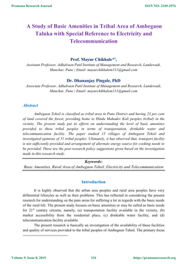 A Study of Basic Amenities in Tribal Area of Ambegaon Taluka with Special Reference to Electricity and Telecommunication