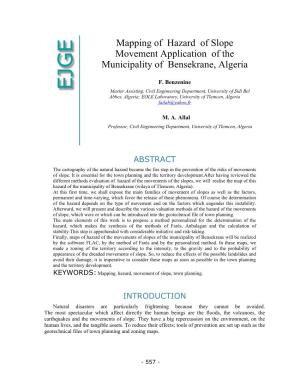Mapping of Hazard of Slope Movement Application of the Municipality of Bensekrane, Algeria