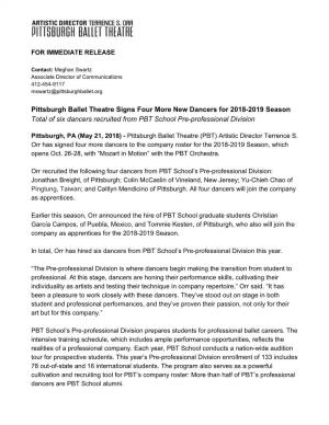 Pittsburgh Ballet Theatre Signs Four More New Dancers for 2018-2019 Season Total of Six Dancers Recruited from PBT School Pre-Professional Division