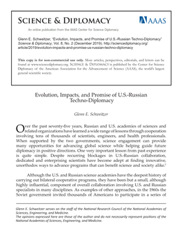 Evolution, Impacts, and Promise of U.S.-Russian Techno-Diplomacy” Science & Diplomacy, Vol