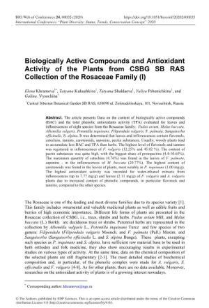 Biologically Active Compounds and Antioxidant Activity of the Plants from CSBG SB RAS Collection of the Rosaceae Family (I)