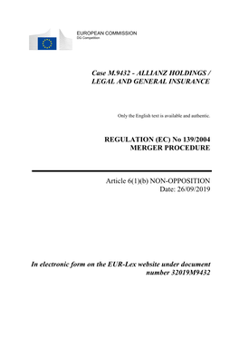 Case M.9432 - ALLIANZ HOLDINGS / LEGAL and GENERAL INSURANCE
