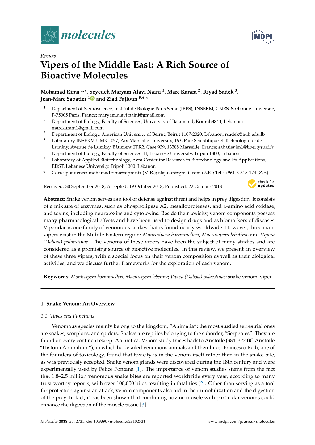 Vipers of the Middle East: a Rich Source of Bioactive Molecules