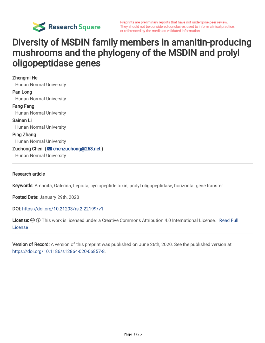 Diversity of MSDIN Family Members in Amanitin- Producing Mushrooms and the Phylogeny of the MSDIN and Prolyl Oligopeptidase Gene