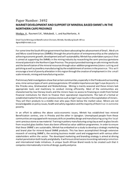 Paper Number: 3492 MARKET DEVELOPMENT and SUPPORT of MINERAL BASED SMME’S in the NORTHERN CAPE PROVINCE