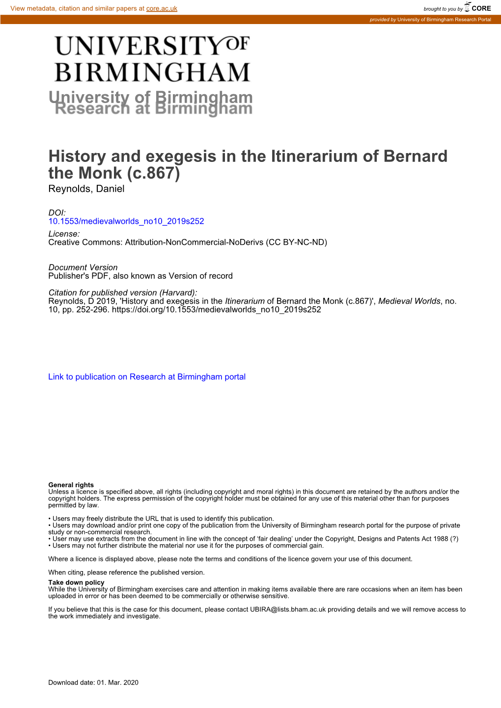 University of Birmingham History and Exegesis in the Itinerarium