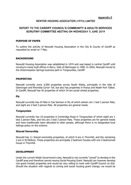 Appendix E NEWYDD HOUSING ASSOCIATION (1974) LIMITED REPORT to the CARDIFF COUNCIL's COMMUNITY & ADULTS SERVICES SCRUTINY