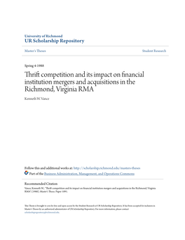 Thrift Competition and Its Impact on Financial Institution Mergers and Acquisitions in the Richmond, Virginia RMA Kenneth W