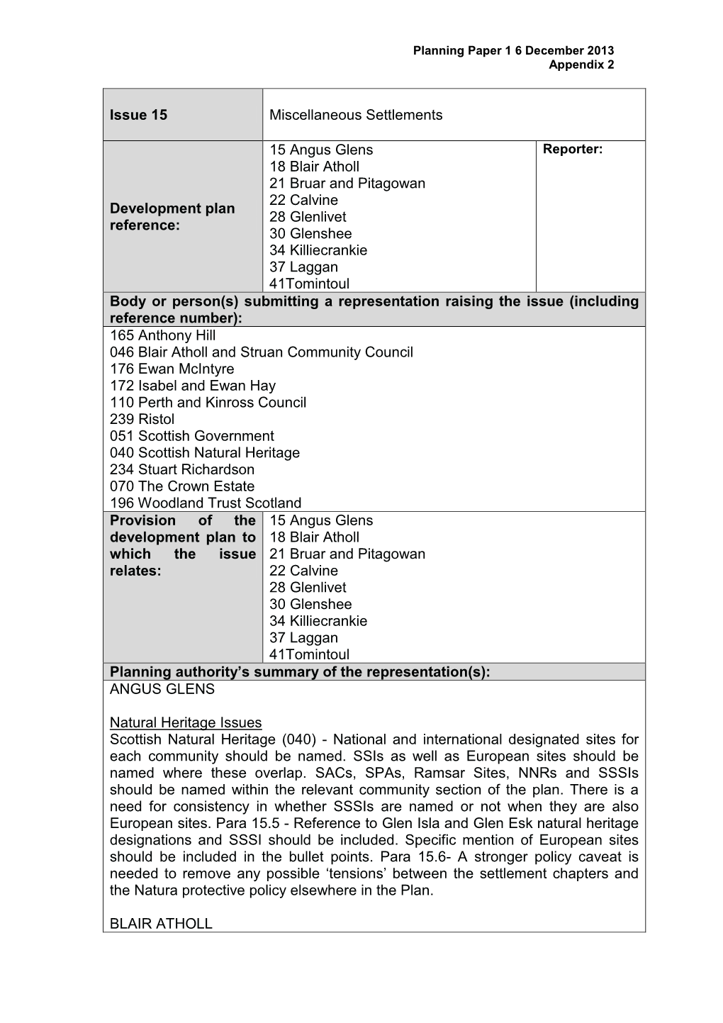 Issue 15 Miscellaneous Settlements Development Plan Reference