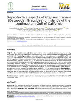 Reproductive Aspects of Grapsus Grapsus (Decapoda: Grapsidae) in Islands of Southeastern Gulf of California