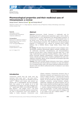 Pharmacological Properties and Their Medicinal Uses of Cinnamomum: a Review Sanjay Kumara, Reshma Kumarib and Shailja Mishrab Adepartment of Botany, Govt