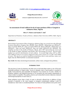 An Assessment of Total Coliform Levels of Some Portions of River Gongola in Adamawa State, Nigeria