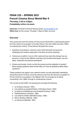 FRAN 335 – SPRING 2021 French Cinema Since World War II Thursday, 2:30 to 4:20Pm Completely Online Via Zoom