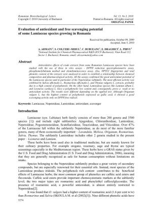 Evaluation of Antioxidant and Free Scavenging Potential of Some Lamiaceae Species Growing in Romania