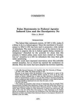 False Statements to Federal Agents: Induced Lies and the Exculpatory No Giles A