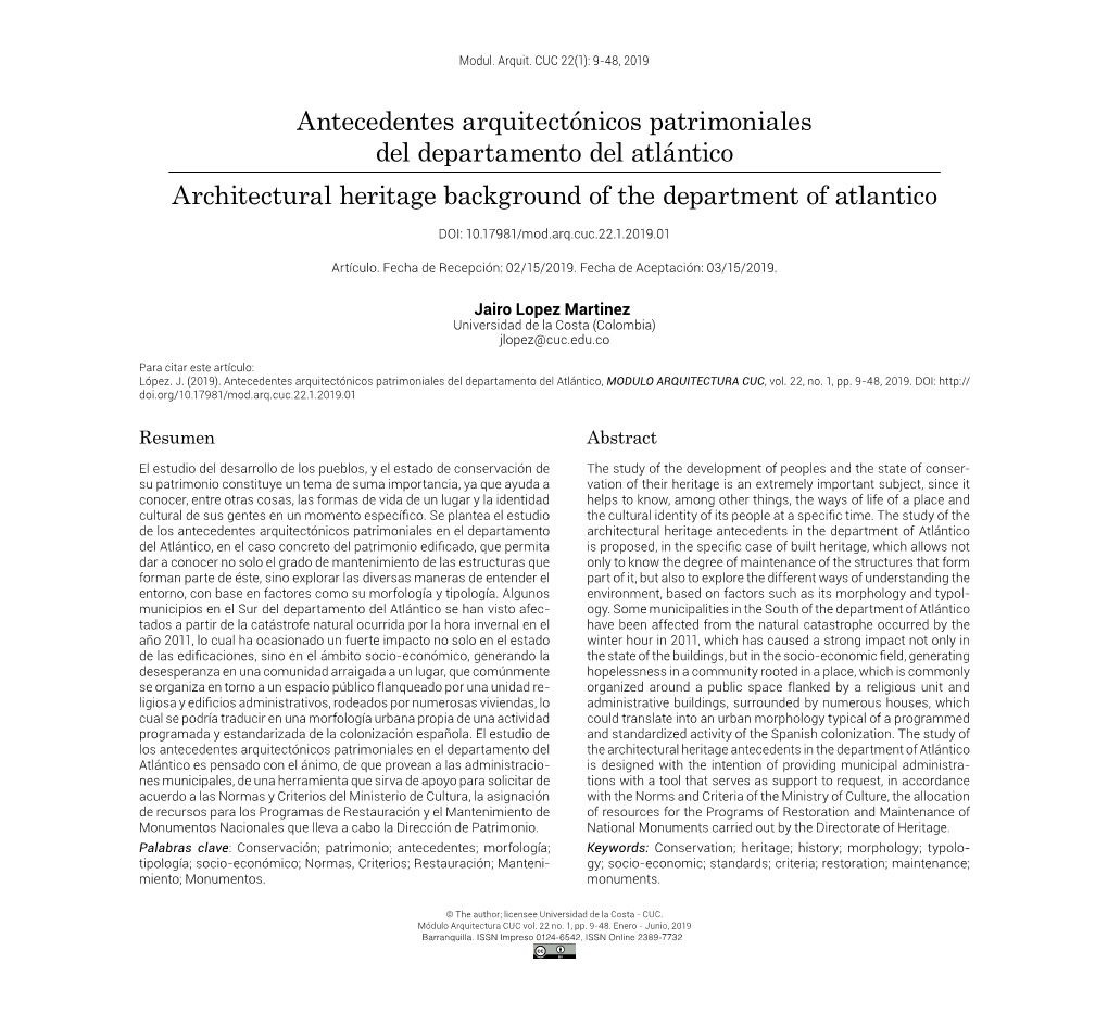 Antecedentes Arquitectónicos Patrimoniales Del Departamento Del Atlántico Architectural Heritage Background of the Department of Atlantico