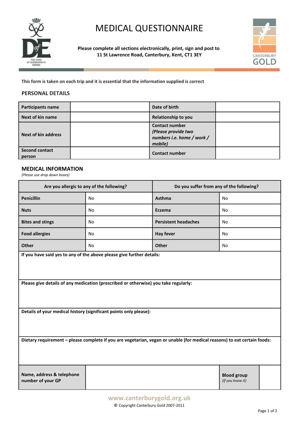 This Form Is Taken on Each Trip and It Is Essential That the Information Supplied Is Correct