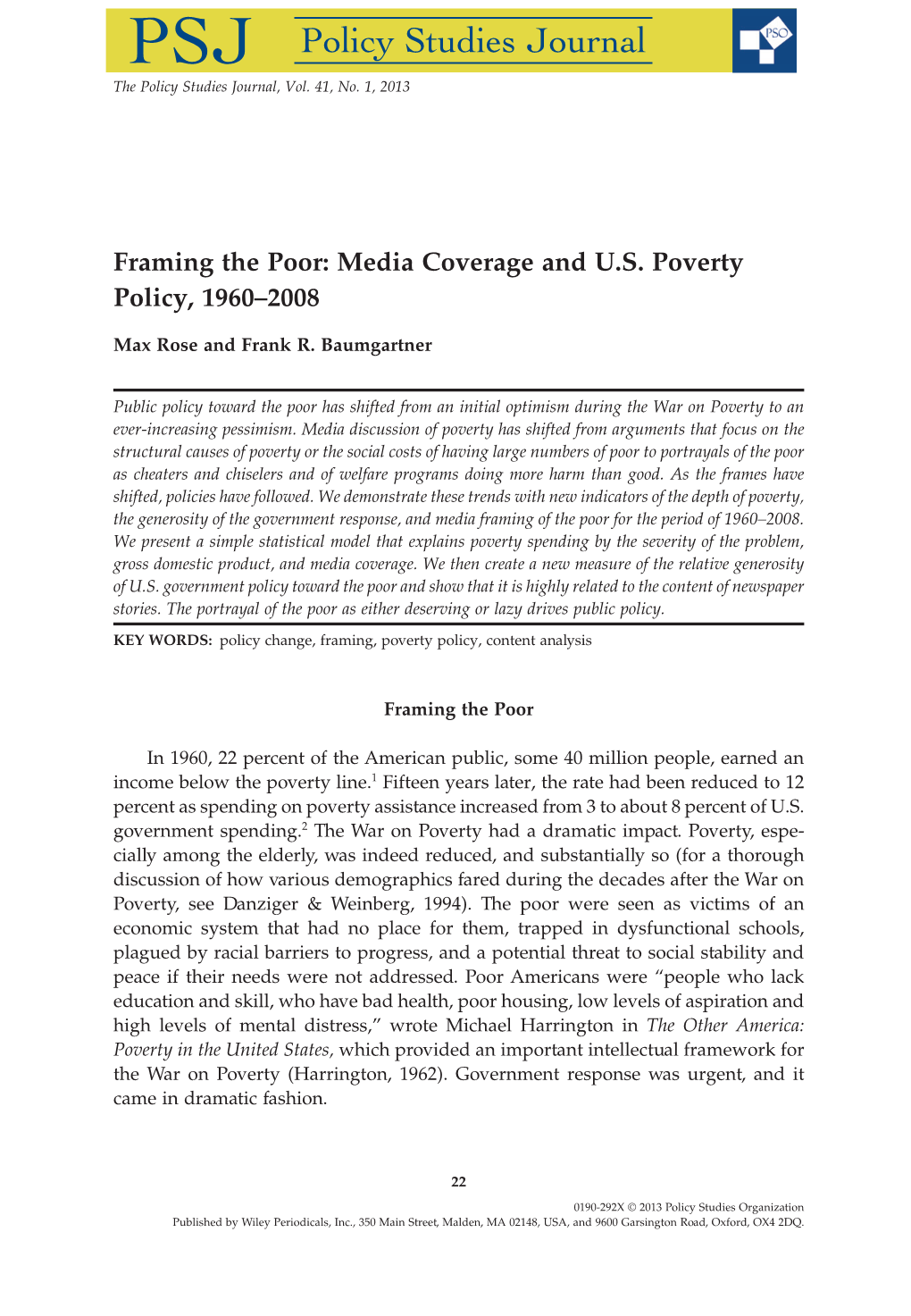 Framing the Poor: Media Coverage and US Poverty Policy, 1960-2008