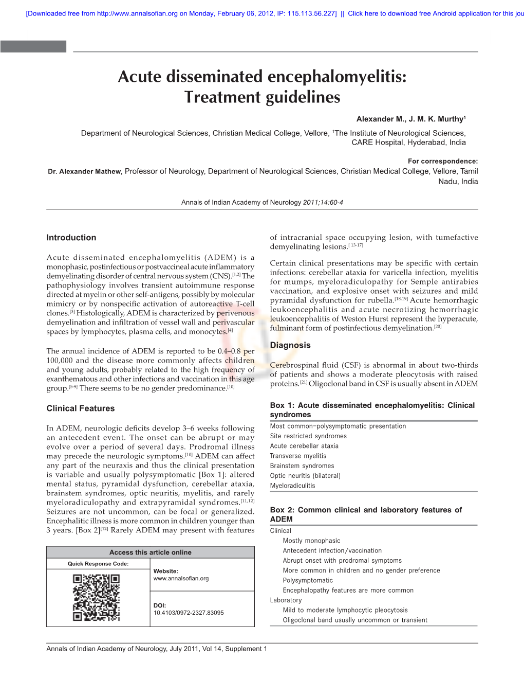 Acute Disseminated Encephalomyelitis: Treatment Guidelines