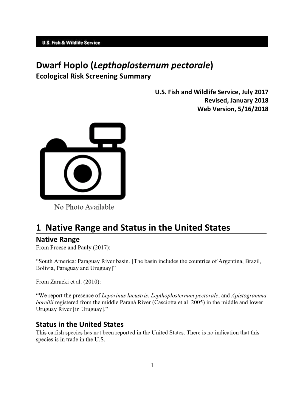 Dwarf Hoplo (Lepthoplosternum Pectorale) Ecological Risk Screening Summary