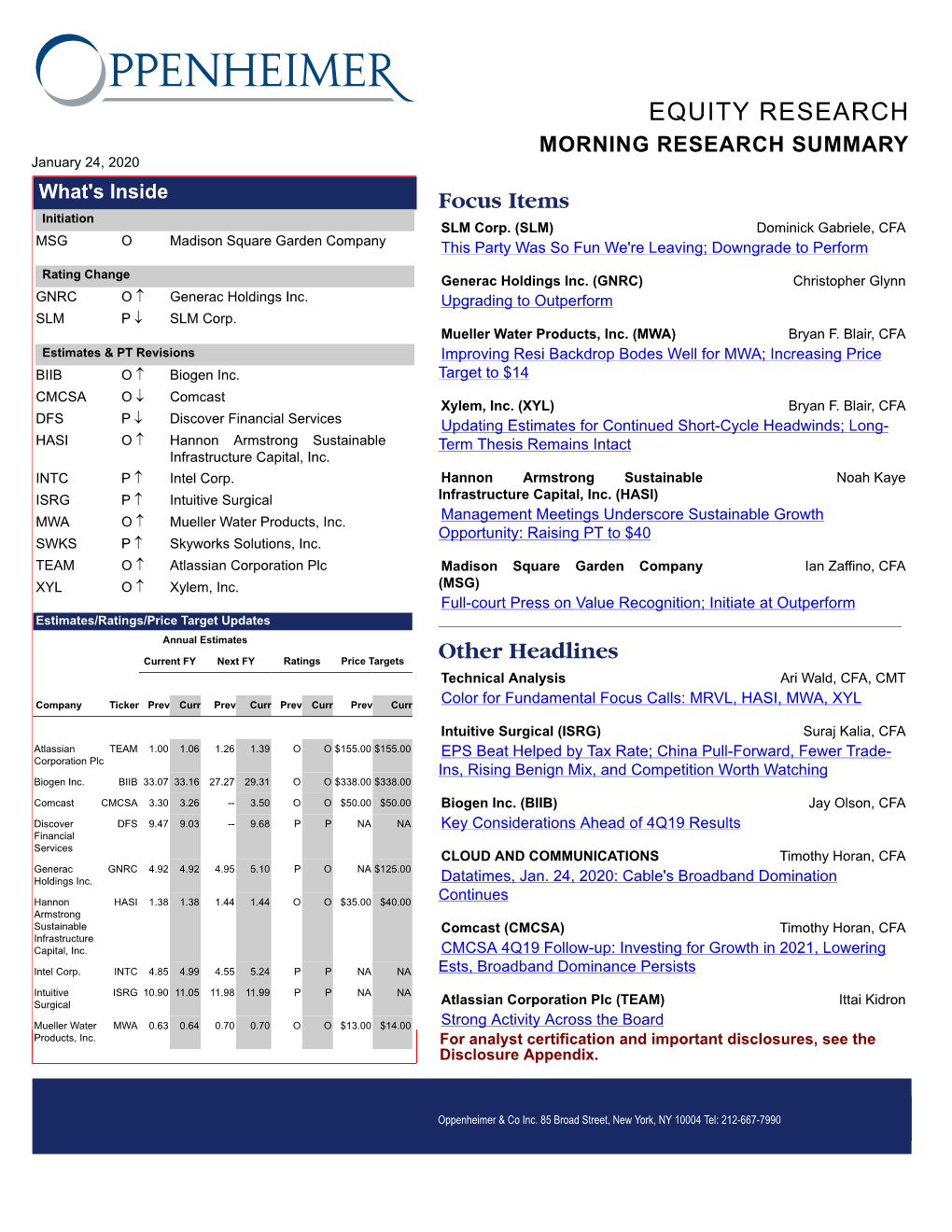 EQUITY RESEARCH MORNING RESEARCH SUMMARY January 24, 2020