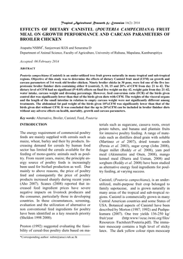 Effects of Dietary Canistel (Pouteria Campechiana) Fruit Meal on Growth Performance and Carcass Parameters of Broiler Chicken