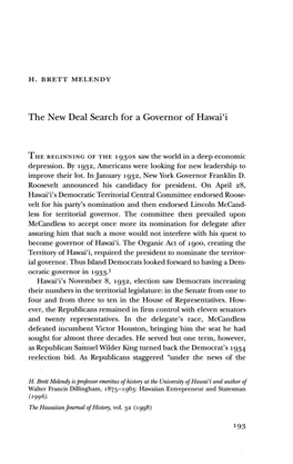 The New Deal Search for a Governor of Hawai'i