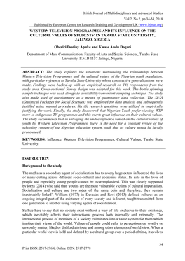 Western Television Programmes and Its Influence on the Cultural Values of Students' in Taraba State University, Jalingo, Niger