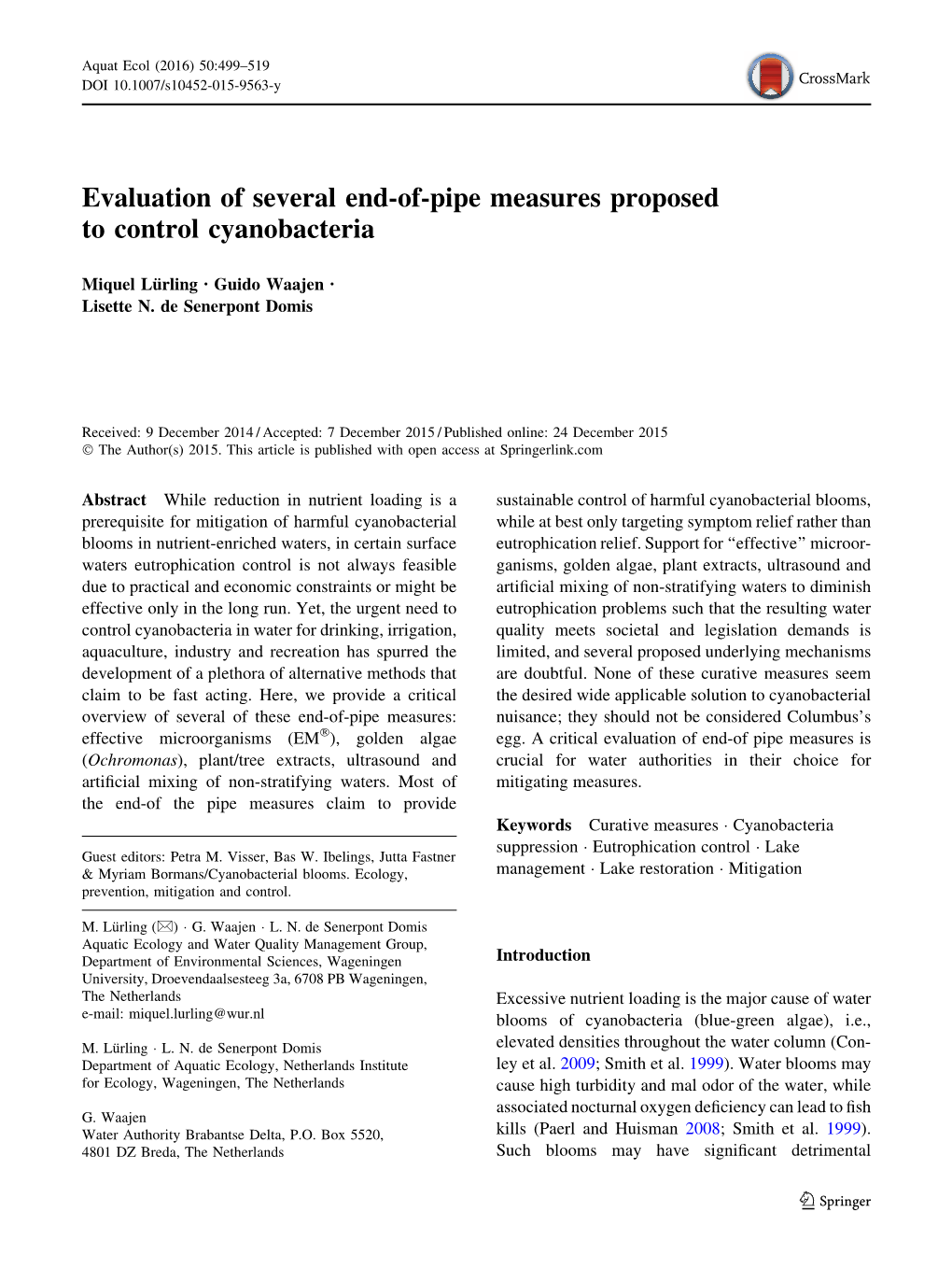 Evaluation of Several End-Of-Pipe Measures Proposed to Control Cyanobacteria