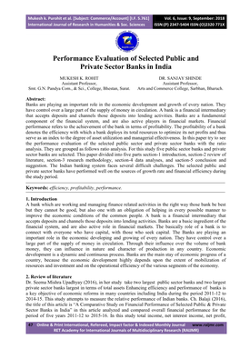 Performance Evaluation of Selected Public and Private Sector Banks in India