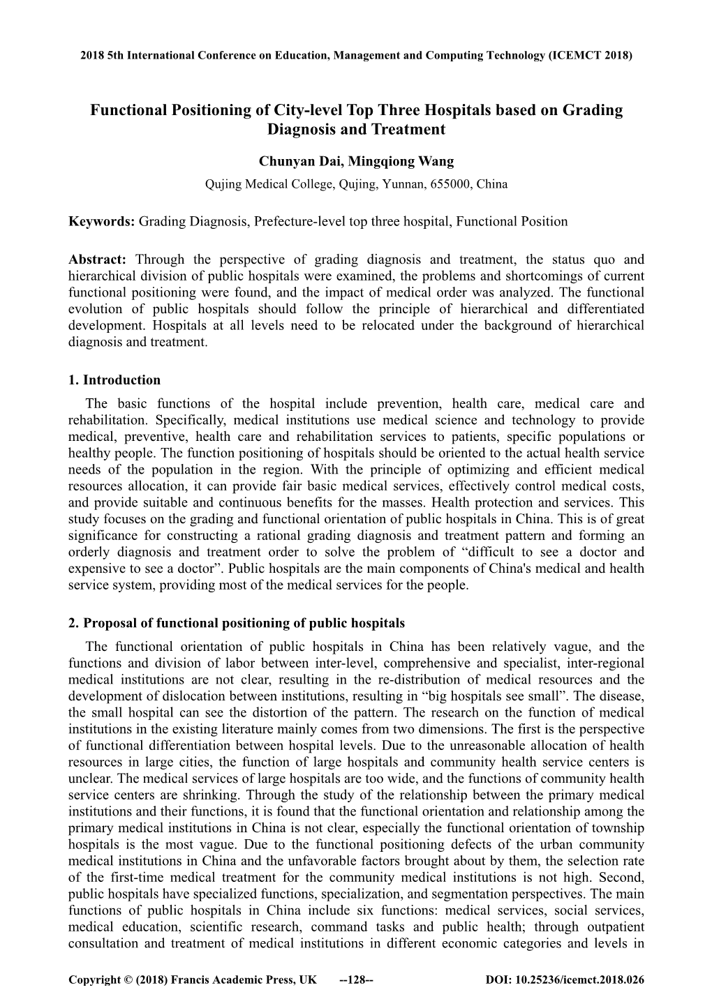 Functional Positioning of City-Level Top Three Hospitals Based on Grading Diagnosis and Treatment