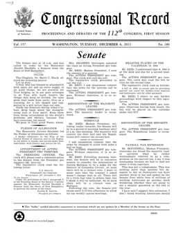 Congressional Record United States Th of America PROCEEDINGS and DEBATES of the 112 CONGRESS, FIRST SESSION