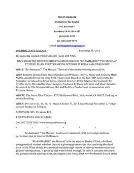 FOR IMMEDIATE RELEASE September 18, 2014 Press/Media Contact: Philip Sokoloff, (626) 683-9205