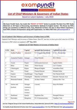 List of Chief Ministers & Governors of Indian States