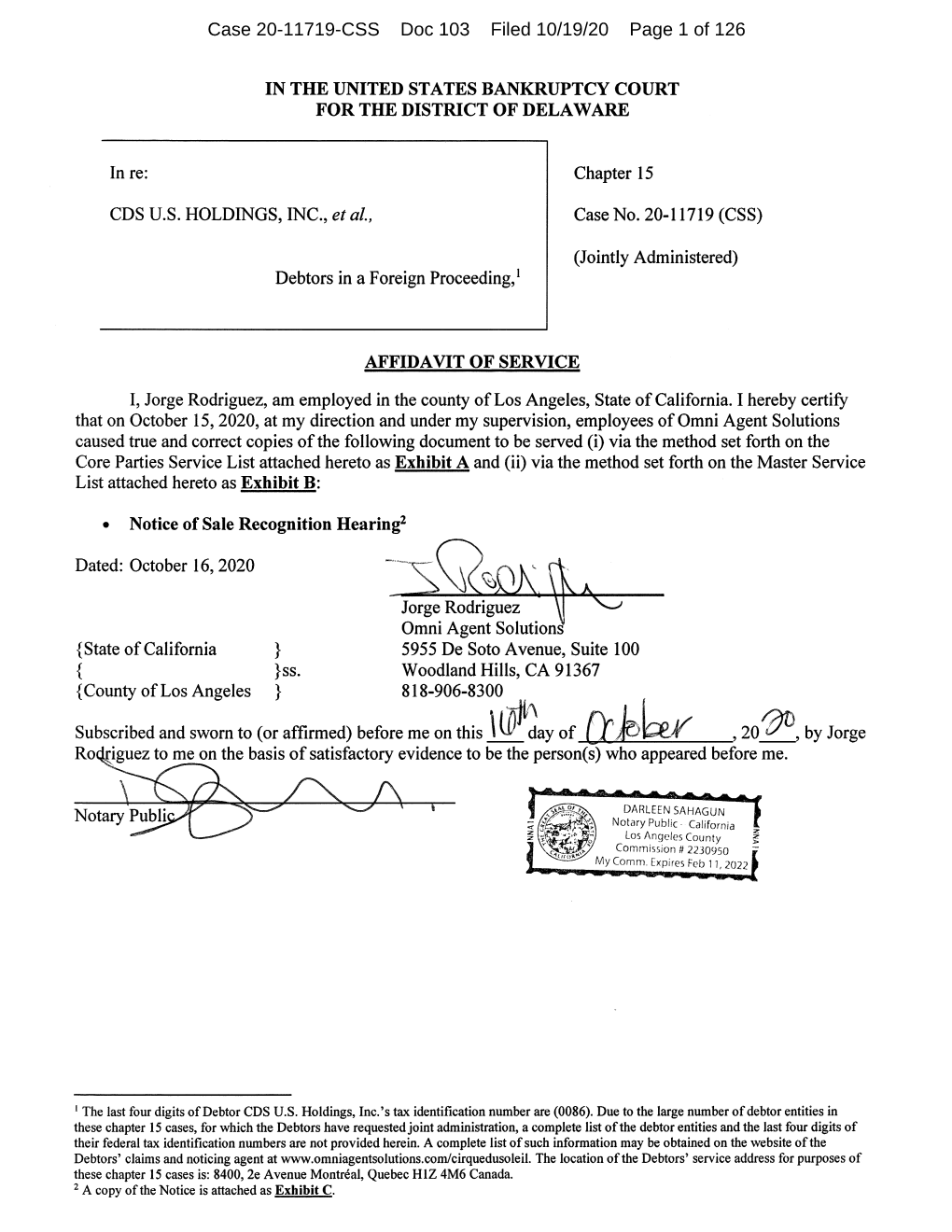 Case 20-11719-CSS Doc 103 Filed 10/19/20 Page 1 of 126 Case 20-11719-CSS Doc 103 Filed 10/19/20 Page 2 of 126