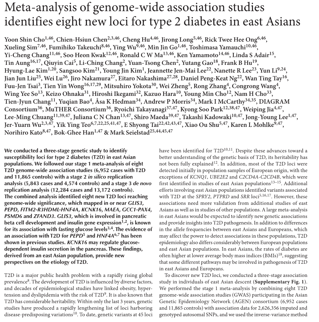 Meta-Analysis of Genome-Wide Association Studies Identifies Eight New Loci for Type 2 Diabetes in East Asians