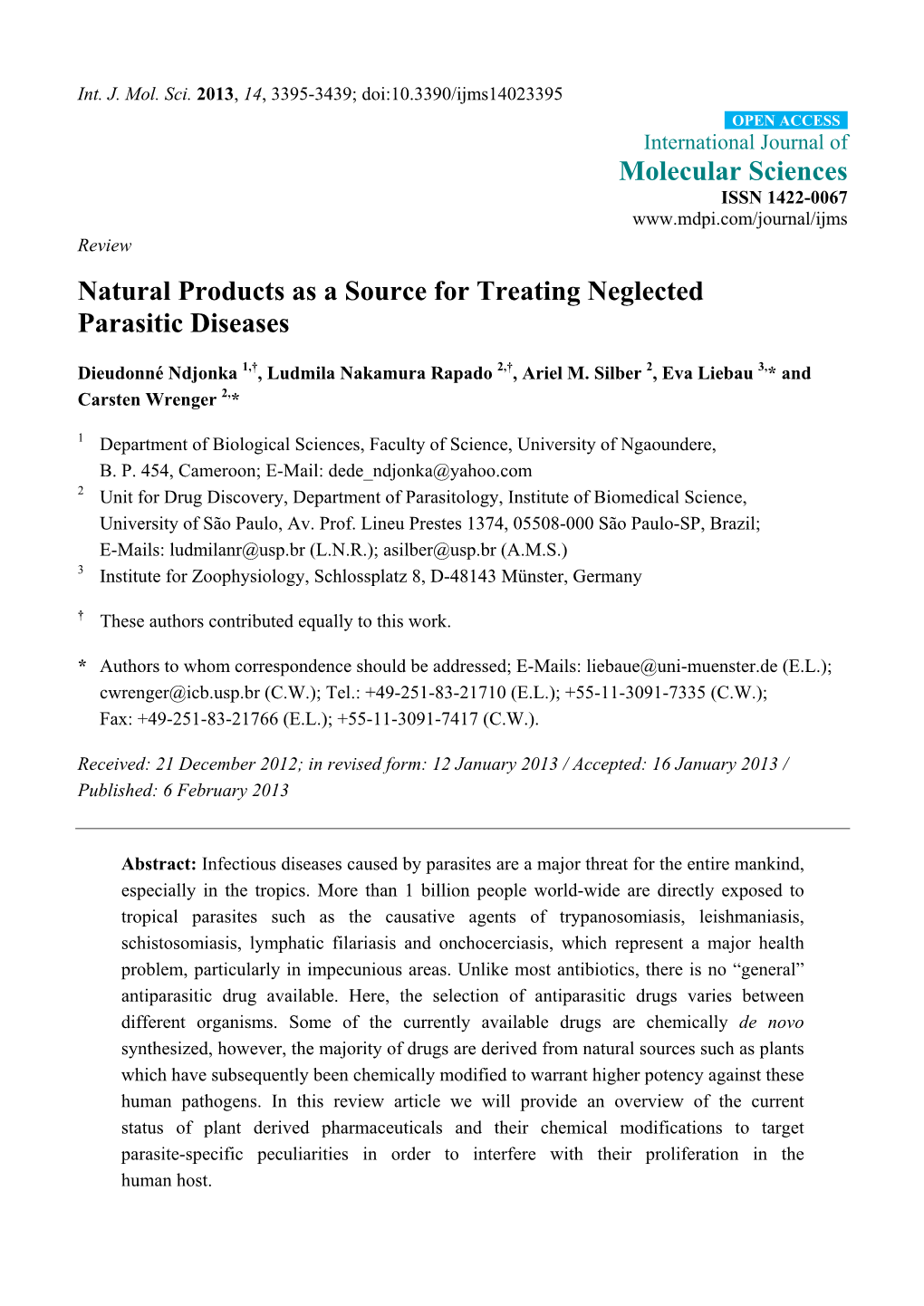 Natural Products As a Source for Treating Neglected Parasitic Diseases