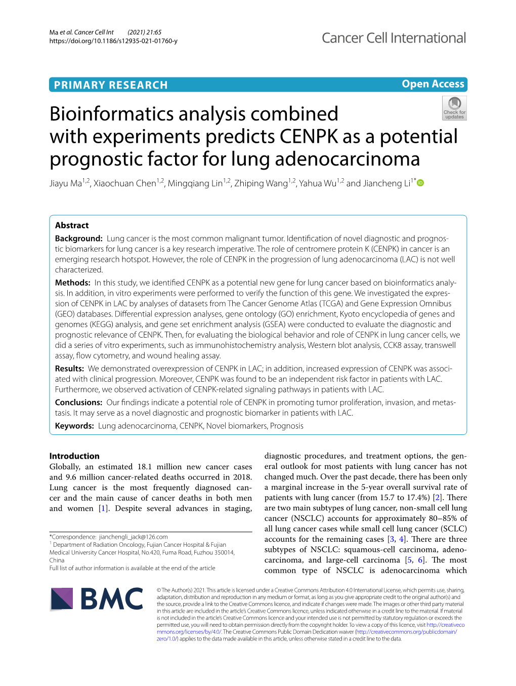 Bioinformatics Analysis Combined with Experiments Predicts CENPK As A