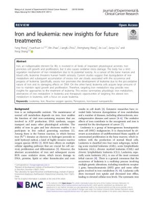 Iron and Leukemia: New Insights for Future Treatments Fang Wang1, Huanhuan Lv1,2,3, Bin Zhao1, Liangfu Zhou1, Shenghang Wang1, Jie Luo1, Junyu Liu1 and Peng Shang2,3*