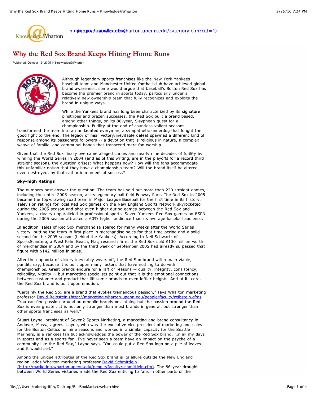 Red Sox Brand Keeps Hitting Home Runs - Knowledge@Wharton 2/25/10 7:24 PM