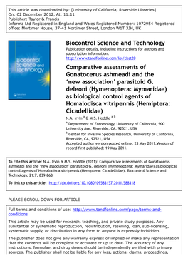 Comparative Assessments of Gonatocerus Ashmeadi and the ‘New Association’ Parasitoid G
