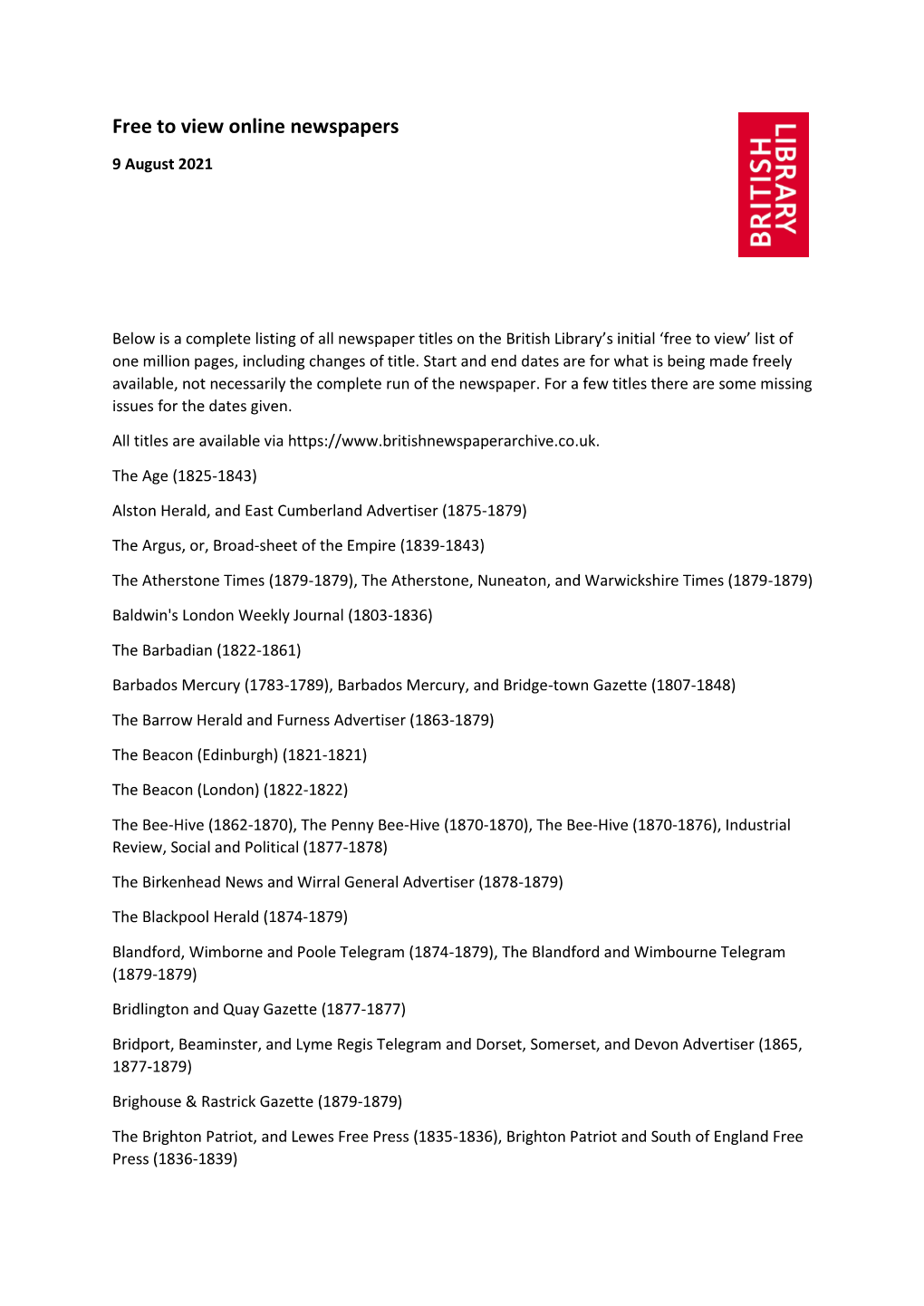 Download Free to View British Library Newspapers List 9 August 2021