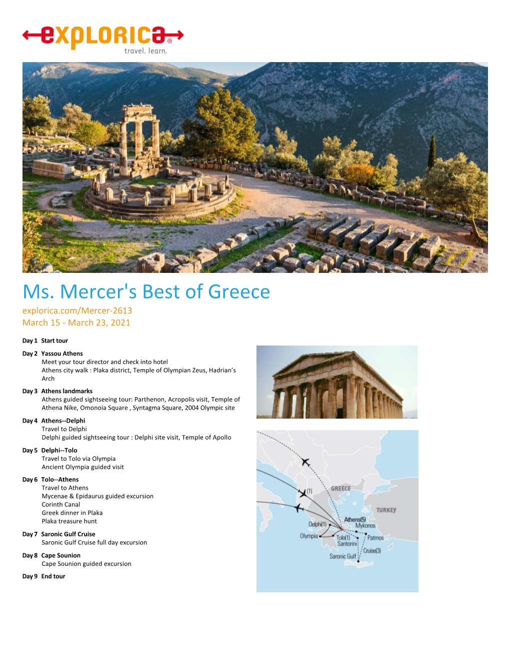 Ms. Mercer's Best of Greece Explorica.Com/Mercer‐2613 March 15 ‐ March 23, 2021