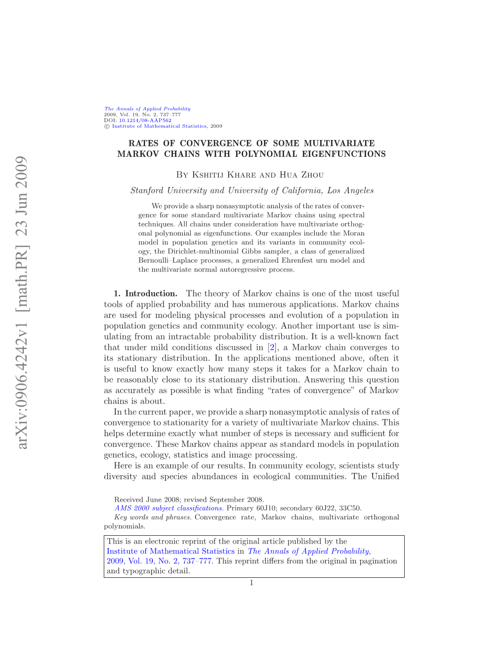 Rates of Convergence of Some Multivariate Markov Chains With