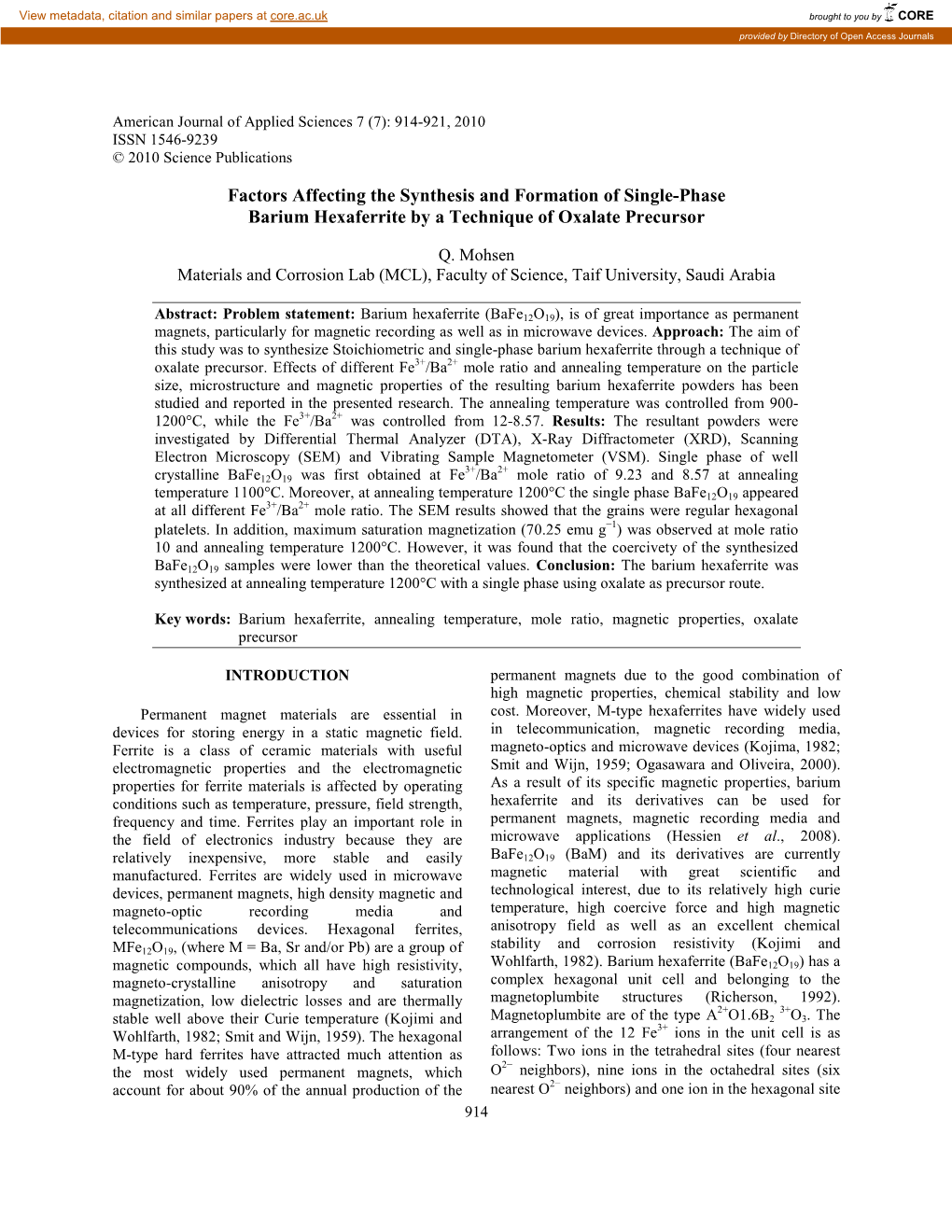 Factors Affecting the Synthesis and Formation of Single-Phase Barium Hexaferrite by a Technique of Oxalate Precursor