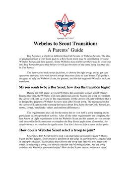 Webelos to Scout Transition: a Parents’ Guide Boy Scouts Is a Whole Lot Different Than Cub Scouts Or Webelos Scouts
