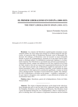 El Primer Liberalismo En España (1808-1833) the First Liberalism In
