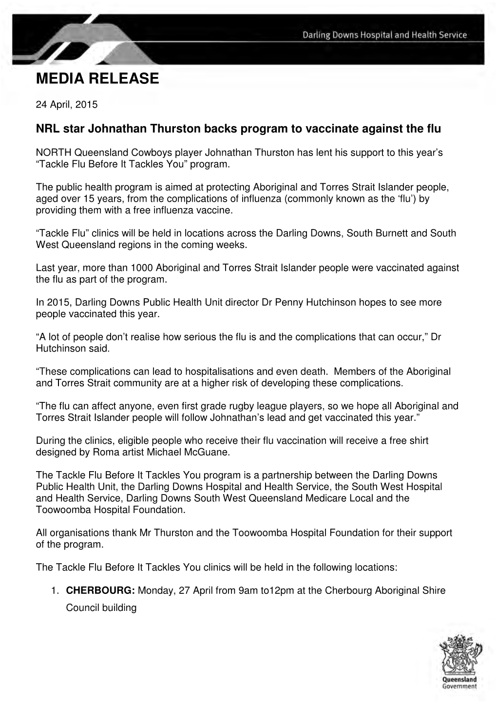 NRL Star Johnathan Thurston Backs Program to Vaccinate Against the Flu