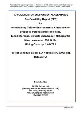 Pre-Feasibility Report (PFR) for for Obtaining Tor for Environmental Clearance for Proposed Persoda Limestone Mine, Tehsil